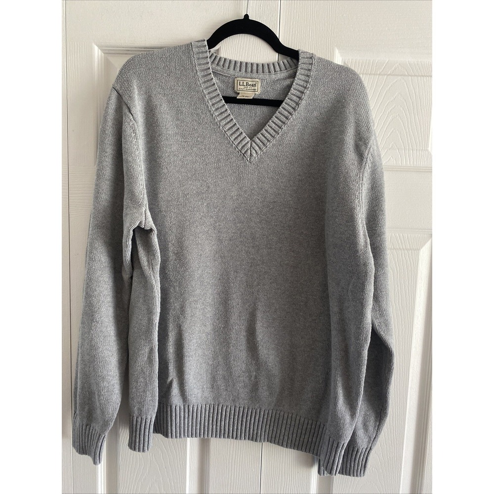 LL Bean‎ V-Neck Sweater Womens XL Grey Classic Cotton Knit Pullover Heritage